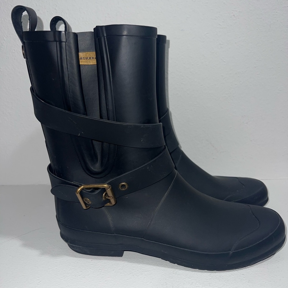 Burberry Black Rain Boots with Gold Buckle